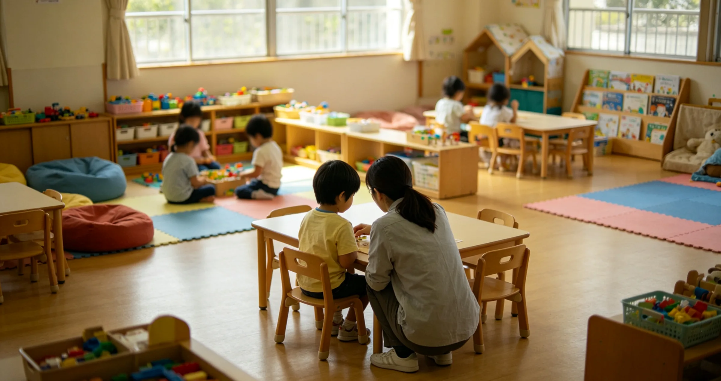 A preschool play room mid-morning, children at low tables seen from behind