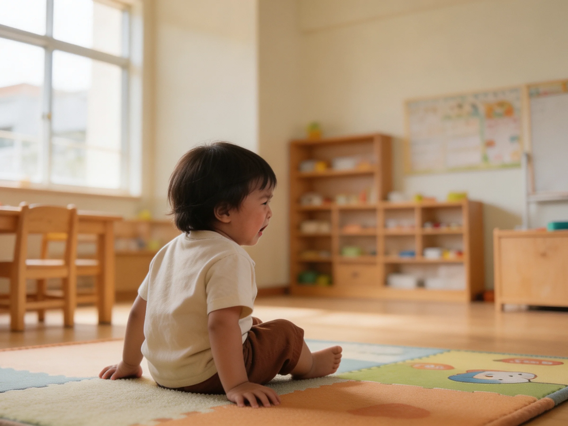 A toddler sitting on a classroom play mat, crying after a fall