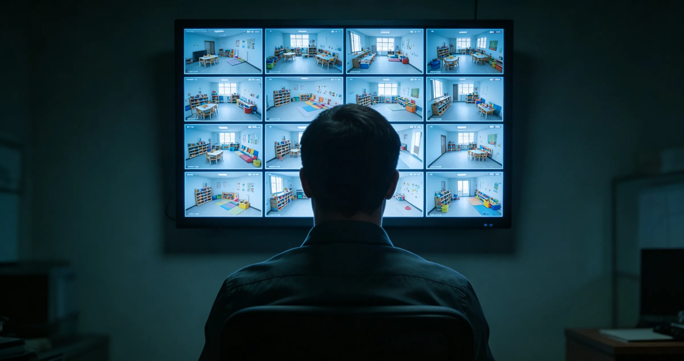 One person in a dim office watching a wall of sixteen camera feeds