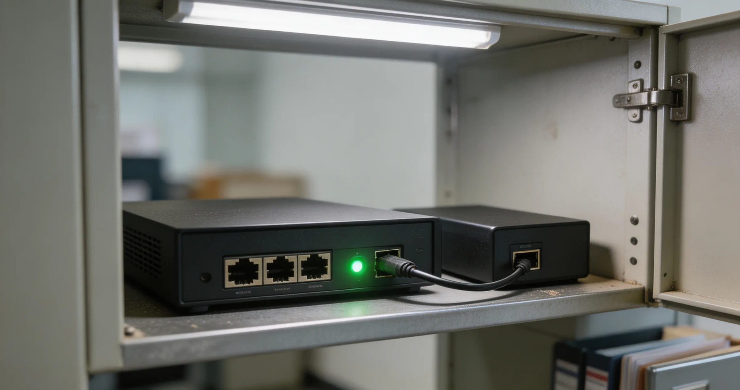 The SIMIS Guardian unit sitting beside an existing recorder in a cabinet